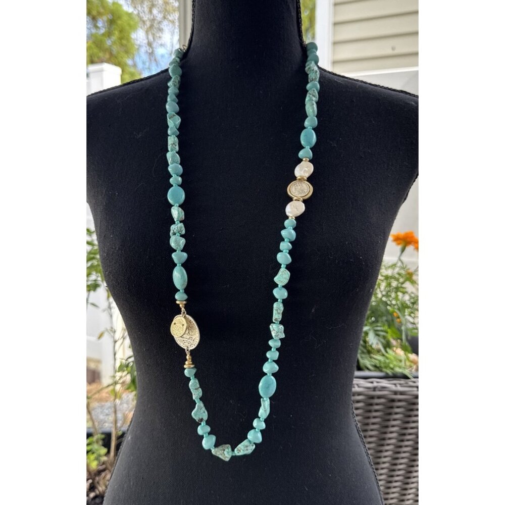 Chicos Turquoise Blue Bead Coin Silver Gold Tone 19" Long Statement Necklace NEW